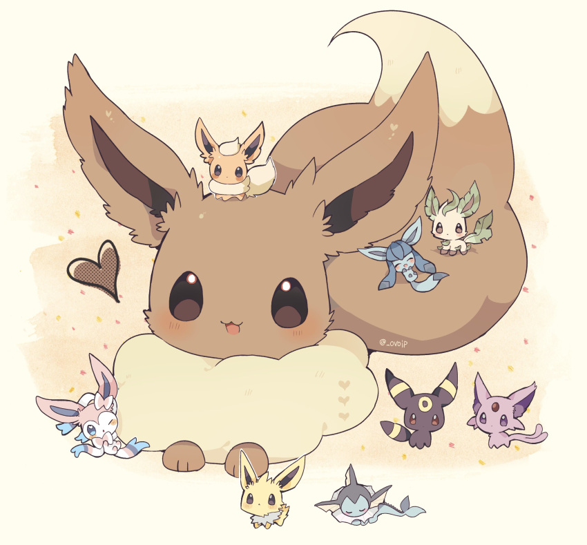 :o animal_focus black_eyes blue_eyes blush brown_eyes brown_fur chibi chibi_inset closed_eyes commentary dot_mouth eevee espeon flareon fluffy forehead_jewel glaceon happy heart highres jolteon leafeon lying no_humans on_back on_stomach open_mouth ovoip pokemon pokemon_(creature) ribbon smile sylveon umbreon vaporeon violet_eyes yellow_background yellow_fur