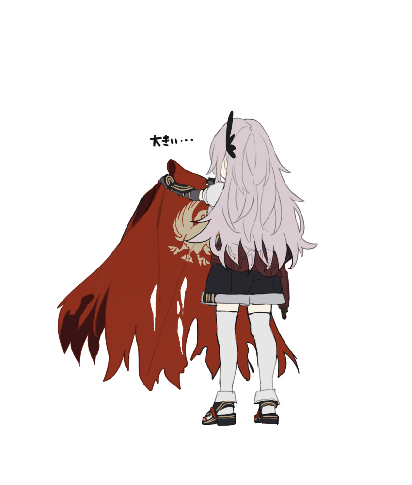 1girl belt belt_pouch black_shorts cloak fate/grand_order fate_(series) feather_hair_ornament feathers from_behind grey_hair hair_ornament highres holding holding_clothes long_hair pouch saika_magoichi_(fate) shirabi shorts thigh-highs torn_cloak torn_clothes white_background white_thighhighs