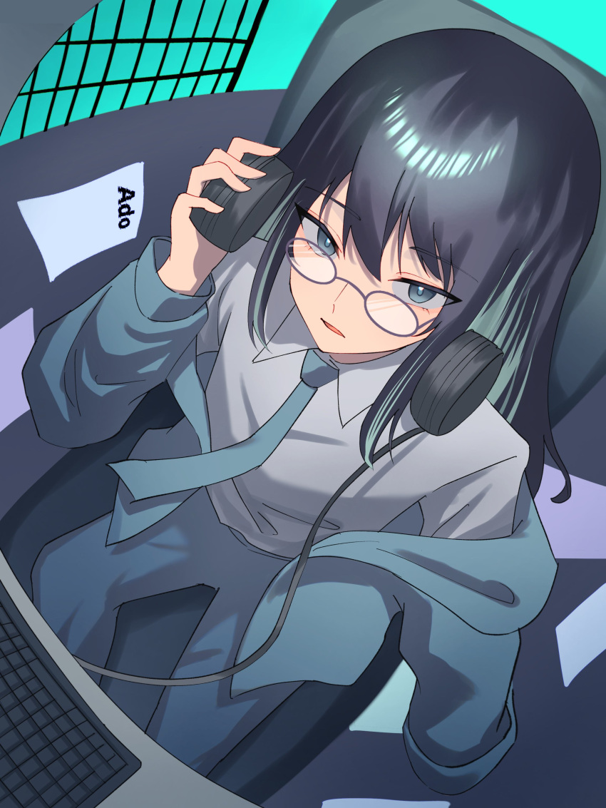 1girl absurdres ado_(utaite) bespectacled black_hair blue_eyes blue_hair blue_jacket blue_necktie chando_(ado) character_name cloud_nine_inc collared_shirt colored_inner_hair commentary english_commentary glasses grey_shirt hair_between_eyes headphones highres jacket keyboard_(computer) long_hair long_sleeves looking_at_viewer multicolored_hair necktie off_shoulder parted_lips shirt sidelocks sitting solo tsukuno_tsuki two-tone_hair utaite