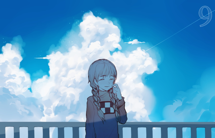 1girl arm_at_side blue_sky braid cheek_pinching closed_mouth clouds cloudy_sky commentary_request contrail day facing_viewer hair_over_shoulder hand_up highres long_hair long_sleeves low_twin_braids madotsuki muted_color outdoors pinching print_sweater railing sky smile solo sweater turtleneck turtleneck_sweater twin_braids upper_body xgshjsgha yume_nikki