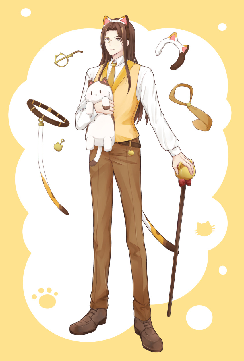 1boy animal belt brown_dust_2 cane cat cat_ear_hairband cat_tail full_body highres holding holding_animal holding_cane holding_cat liluo long_hair looking_at_viewer monocle necktie olstein_(brown_dust) paw_print suit tail vest
