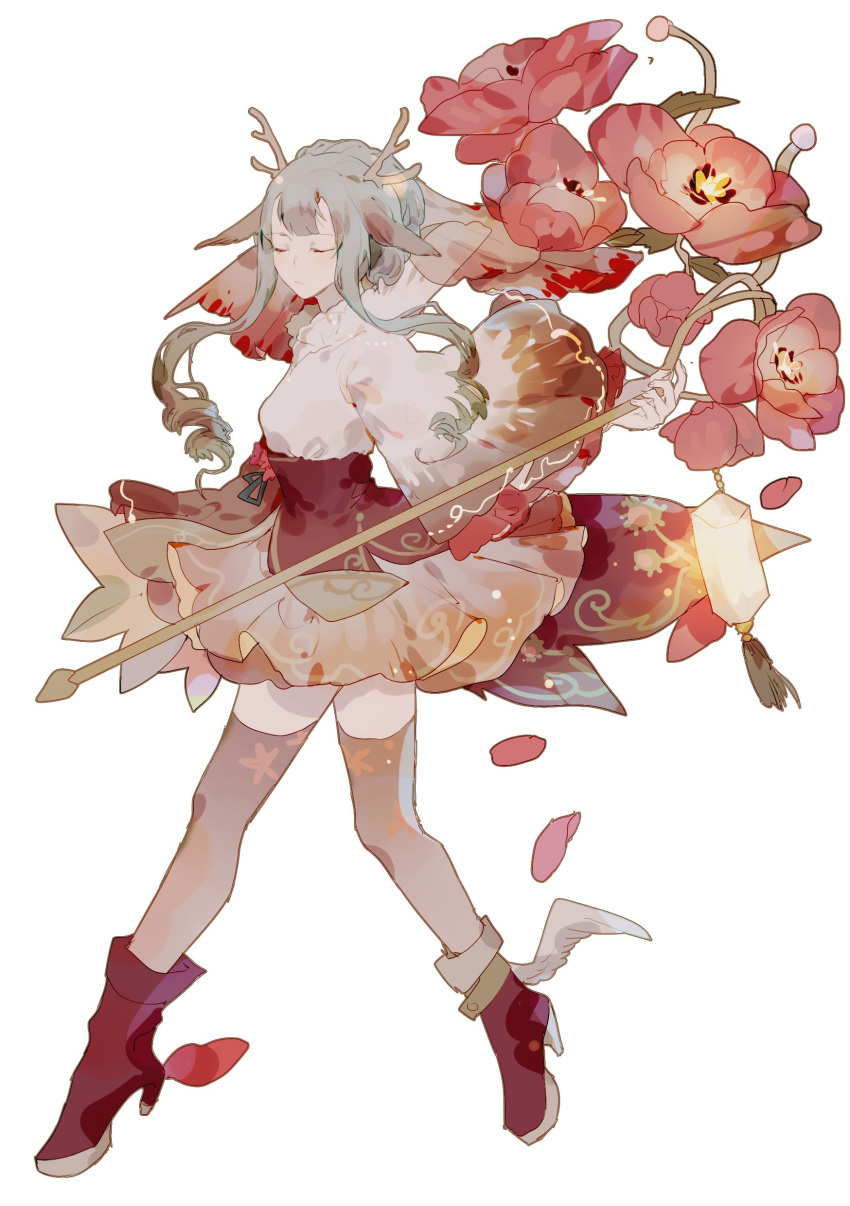 1girl absurdres angel_wings animal_ears antlers bad_id bad_pixiv_id bad_source boots check_flower closed_eyes closed_mouth collared_shirt corset deer_antlers deer_ears deer_girl expressionless falling_petals floral_print flower full_body grey_hair grey_thighhighs high_collar high_heel_boots high_heels highres holding holding_staff lantern lobelia_(saclia) long_sleeves miniskirt original pansy petals pleated_skirt red_corset red_flower red_footwear red_sleeves see-through_thighhighs shirt short_hair_with_long_locks simple_background single_wing skirt solo staff tassel thigh-highs two-tone_sleeves white_background white_shirt white_skirt white_sleeves white_veil white_wings wide_sleeves winged_footwear wings zettai_ryouiki