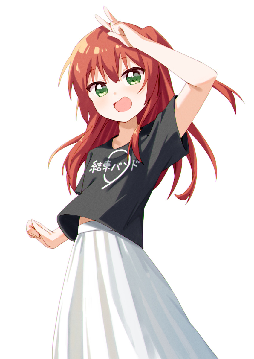 1girl arm_up black_shirt bocchi_the_rock! green_eyes haru_(konomi_150) highres kita_ikuyo long_hair looking_at_viewer one_side_up open_mouth redhead shirt short_sleeves simple_background skirt smile solo v white_background white_skirt