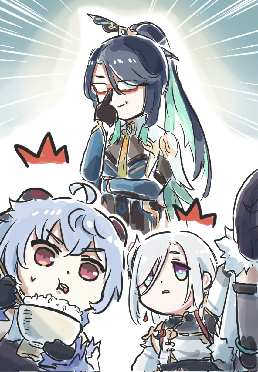 4girls ahoge black_hair blue_hair bowl chibi closed_mouth cloud_retainer_(genshin_impact) colored_inner_hair detached_sleeves eating emphasis_lines food_in_mouth ganyu_(genshin_impact) genshin_impact glasses gloves green_hair grey_hair hair_between_eyes high_ponytail highres holding holding_bowl long_hair long_sleeves multicolored_hair multiple_girls opaque_glasses open_mouth parted_bangs parted_lips red-framed_eyewear red_eyes rice rice_bowl semi-rimless_eyewear shenhe_(genshin_impact) smirk surprised two-tone_hair under-rim_eyewear v-shaped_eyebrows very_long_hair xianyun_(genshin_impact) xinzoruo yelan_(genshin_impact)