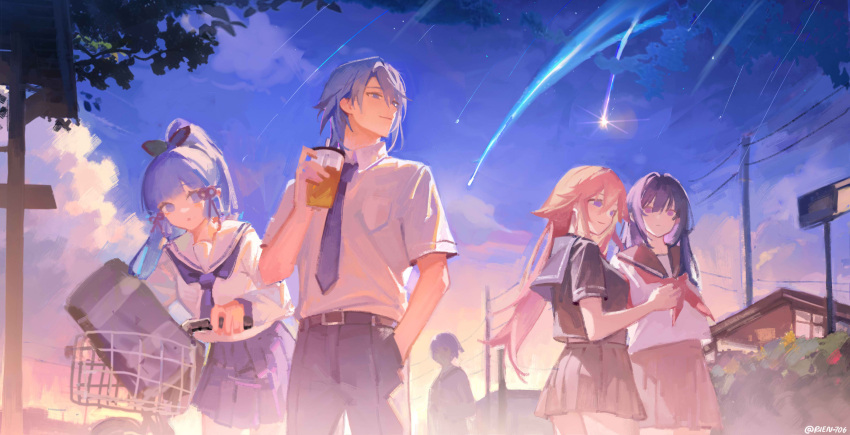 1boy 1other 3girls :o ascot belt belt_buckle bicycle black_belt black_shirt black_skirt blue_ascot blue_eyes blue_hair blue_sailor_collar blue_skirt blush_stickers buckle closed_mouth clouds commentary cup denim disposable_cup genshin_impact hair_ribbon hand_in_pocket hedge highres holding holding_cup house jeans kamisato_ayaka kamisato_ayato lamppost long_hair long_sleeves multiple_girls neckerchief night night_sky outdoors pants pink_eyes pink_hair pleated_skirt ponytail purple_hair raiden_shogun red_neckerchief red_ribbon ribbon sailor_collar school_uniform shirt shooting_star short_hair skirt sky smile tadashi-kun utility_pole violet_eyes white_shirt yae_miko