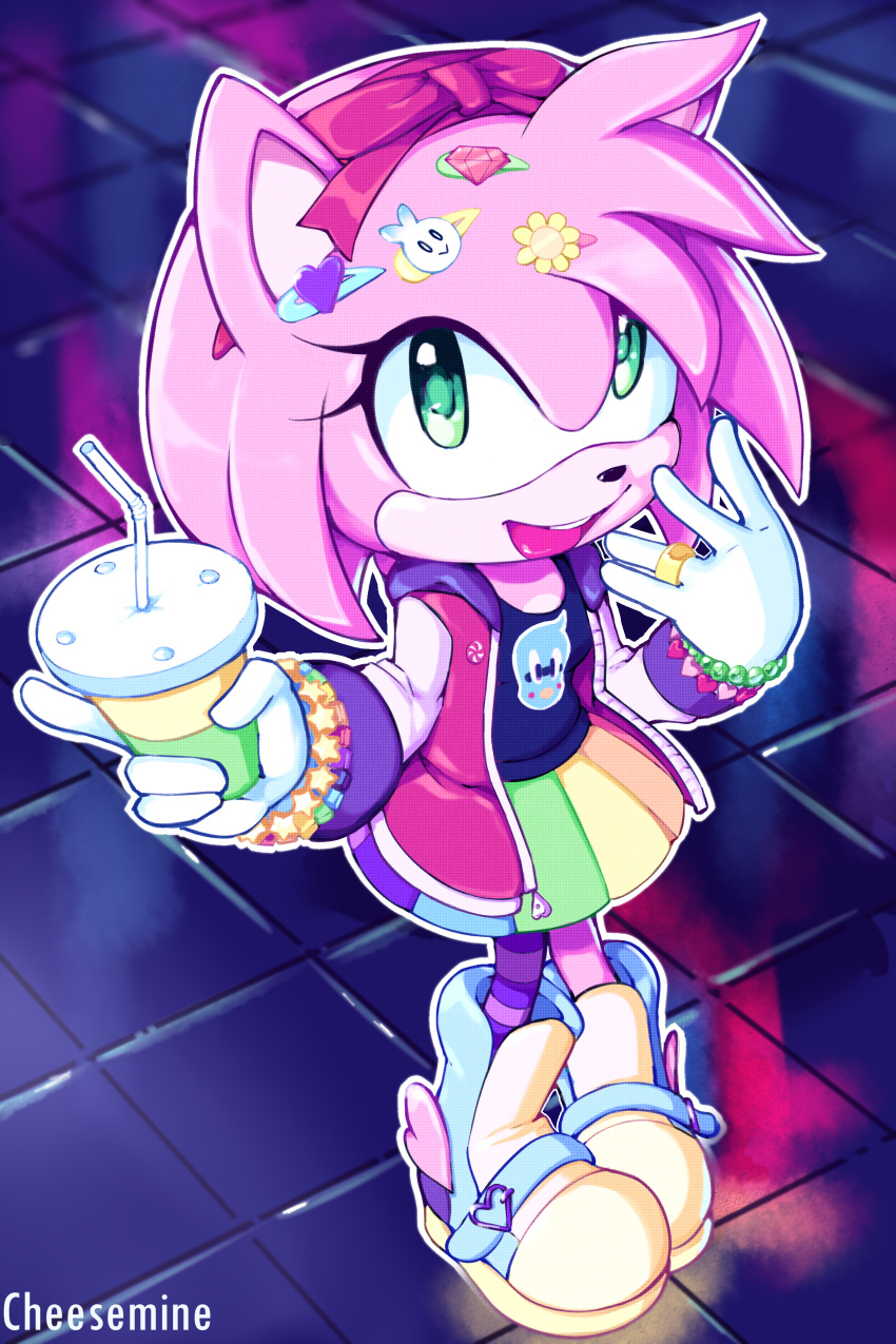 1girl absurdres alternate_costume amy_rose artist_name chao_(sonic) character_pin cheesemine cup decora eyelashes flicky_(character) flower_pin full_body furry furry_female gloves green_eyes hair_ornament heart heart_hair_ornament hero_chao highres holding holding_cup jacket jewelry looking_at_viewer multicolored_clothes multicolored_skirt open_clothes open_jacket open_mouth reflective_floor ring skirt smile solo sonic_(series) standing star_(symbol) white_gloves