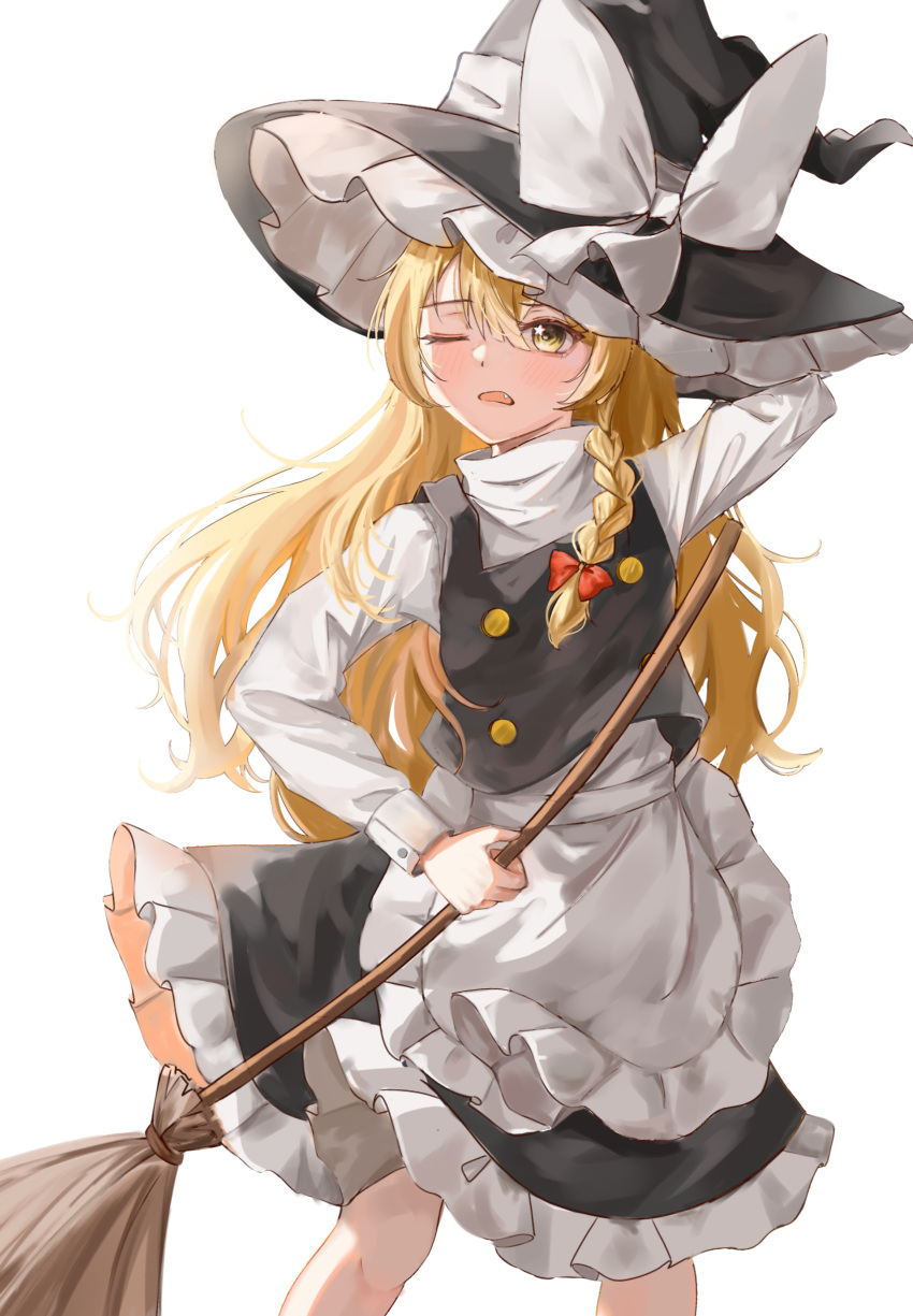 1girl absurdres apron arm_behind_head black_skirt black_vest blonde_hair bow braid broom buttons feet_out_of_frame frilled_skirt frills hair_bow hat hat_bow highres holding holding_broom kirisame_marisa long_hair long_sleeves one_eye_closed petticoat red_bow shirt simple_background single_braid skirt solo temmie_(temi_maru) touhou vest waist_apron white_apron white_background white_bow white_shirt witch_hat yellow_eyes