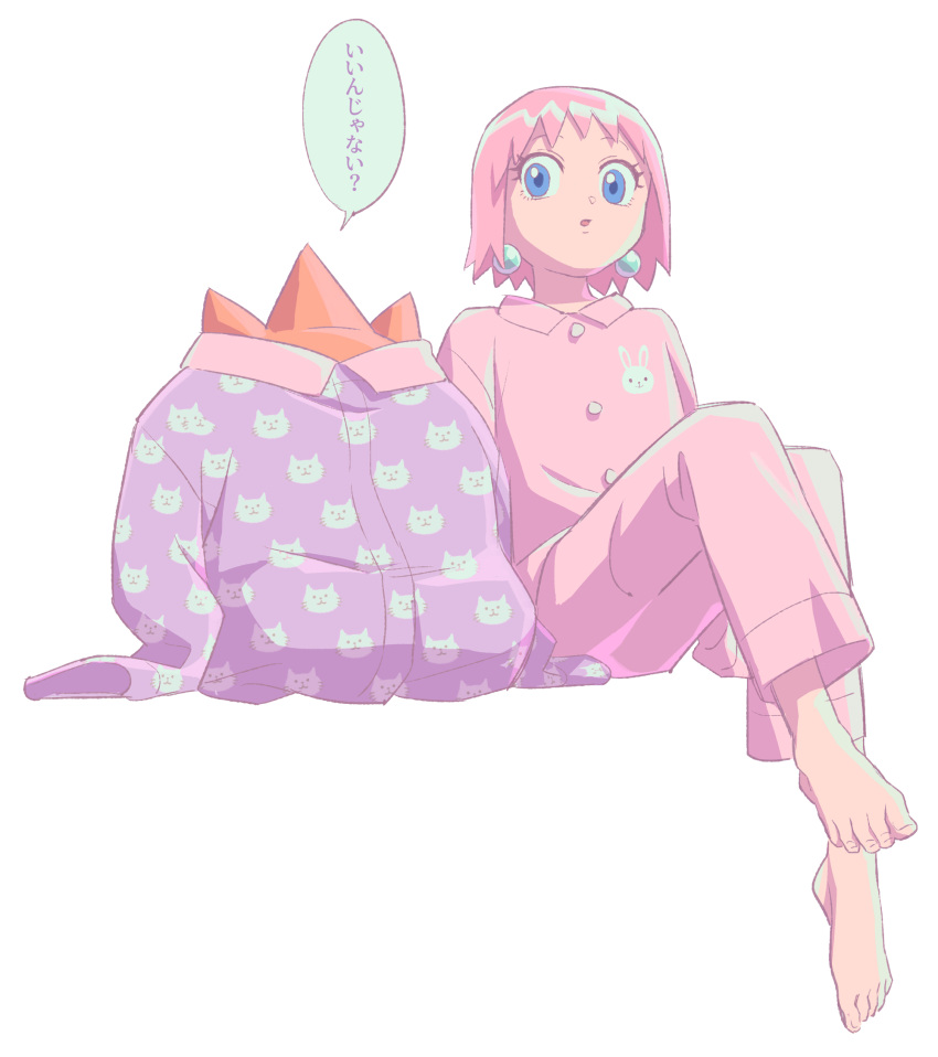 1boy 1girl animal_print barefoot beauty_(bobobo-bo_bo-bobo) blue_eyes bobobo-bo_bo-bobo buttons cat_print commentary_request don_patch earrings eyelashes highres invisible_chair jewelry maiko_(setllon) pajamas parted_lips pink_hair pink_pajamas pink_shirt purple_shirt shirt short_hair simple_background sitting speech_bubble toenails translation_request white_background