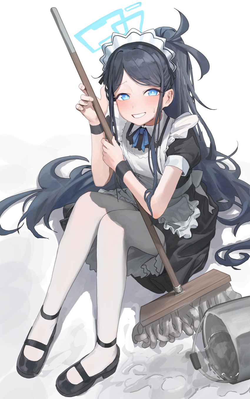 1girl absurdly_long_hair absurdres apron aris_(blue_archive) aris_(maid)_(blue_archive) black_dress black_footwear black_hair blue_archive blue_eyes blue_halo blush bucket dress frilled_apron frills full_body halo highres long_hair looking_at_viewer maid maid_apron maid_headdress mop open_mouth pantyhose ponytail puffy_short_sleeves puffy_sleeves ritae shoes short_sleeves simple_background solo very_long_hair water white_apron white_background white_pantyhose
