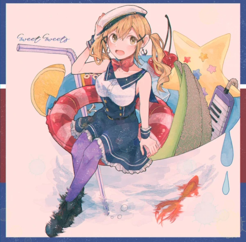 1girl aki_kikumugi bang_dream! blonde_hair cherry cup fish ichigaya_arisa keyboard_(instrument) lemon_slice looking_at_viewer sitting solo star straw yellow_eyes