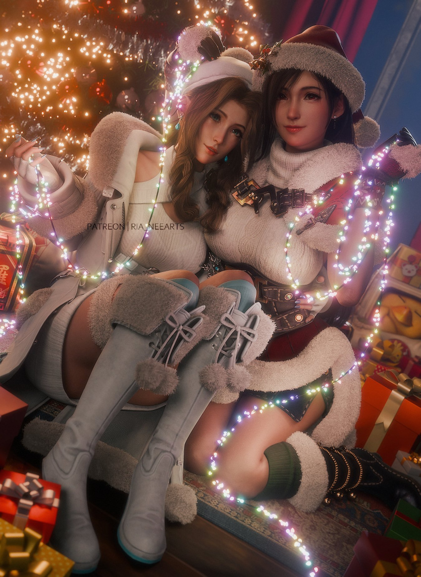 2girls 3d aerith_gainsborough artist_name belt black_footwear black_gloves black_hair blue_eyes boots braid breasts brown_hair capelet chocobo christmas christmas_lights christmas_ornaments christmas_present christmas_tree coat dress earrings final_fantasy final_fantasy_vii final_fantasy_vii_remake fingerless_gloves flower fur-trimmed_boots fur-trimmed_capelet fur-trimmed_dress fur_trim gift gloves hair_flower hair_ornament hand_on_another's_head hand_on_another's_waist hat highres holding jewelry kneeling large_breasts long_hair looking_at_viewer medium_breasts moogle multiple_girls nail_polish open_clothes open_coat patreon_username red_capelet red_eyes ria_(baka-neearts) santa_costume santa_dress santa_hat sitting sweater sweater_dress tifa_lockhart white_coat white_sweater