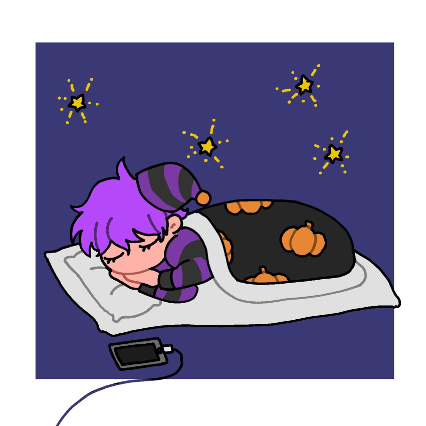 1boy black_headwear black_sweater blue_background border cellphone charging_device chibi commentary_request facing_viewer full_body futon hat head_on_pillow highres jack-o'_ran-tan lying male_focus napoli_no_otokotachi nightcap no_mouth on_side outside_border own_hands_together phone purple_hair purple_headwear purple_sweater short_hair sleeping smartphone solo star_(symbol) striped striped_headwear striped_sweater sweater two-tone_headwear two-tone_sweater under_covers white_border ziko_(muzikomax)