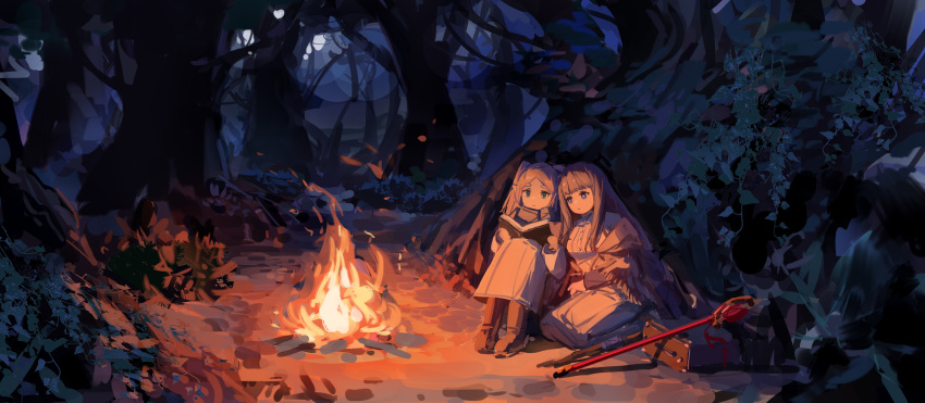 2girls bonfire book commentary dress fern_(sousou_no_frieren) fire forest frieren highres holding holding_book long_hair meinoss multiple_girls nature outdoors pointy_ears reading sitting sousou_no_frieren staff suitcase very_long_hair white_dress