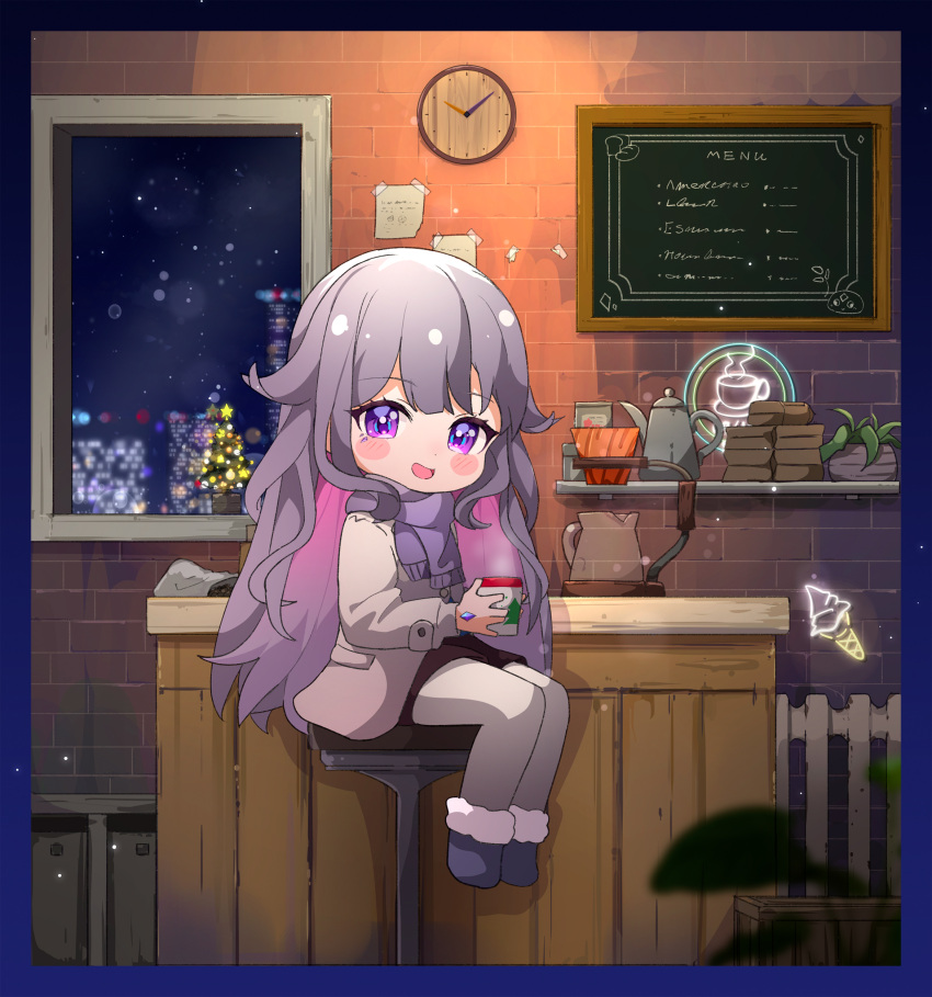 1girl :d absurdres ame. black_footwear blush_stickers brick_wall brown_coat brown_shorts building chibi christmas_ornaments christmas_tree clock coat commentary_request cup fur_trim grey_hair grey_pantyhose highres holding holding_cup hololive hololive_english indoors koseki_bijou long_hair looking_at_viewer multicolored_hair night night_sky pantyhose pantyhose_under_shorts pink_hair shorts sitting sky smile solo star_(symbol) stool two-tone_hair very_long_hair violet_eyes virtual_youtuber wall_clock window