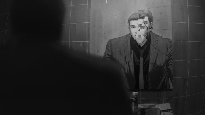 1boy broken_mirror closed_mouth collared_shirt commentary expressionless gin_to_kin greyscale hair_slicked_back highres indoors jacket male_focus mirror monochrome morita_tetsuo necktie noname_(wildofblue) shirt sink solo striped striped_jacket suit tile_wall tiles upper_body water