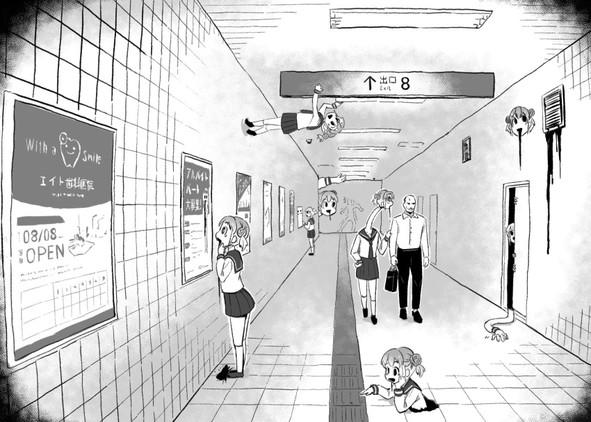 1boy 4shi 6+girls arms_at_sides arrow_(symbol) ceiling_light clone collared_shirt copyright_name dango-chan_(4shi) disembodied_head door double_bun exit_sign from_side giant giantess greyscale hair_bun hallway hand_on_another's_arm hand_on_floor hand_on_own_cheek hand_on_own_chin hand_on_own_face hand_up highres holding hollow_eyes hollow_mouth horror_(theme) kneehighs liquid long_arms long_neck long_sleeves looking_at_another looking_to_the_side looking_up monochrome multiple_girls nervous on_wall open_mouth opening_door original pants peeking_out perspective pleated_skirt poster_(object) sailor_collar school_uniform serafuku shirt shoes short_hair sidelocks sign skirt socks standing sweat tactile_paving the_exit_8 through_ground tile_floor tile_wall tiles v-shaped_eyebrows vent_(object) walking