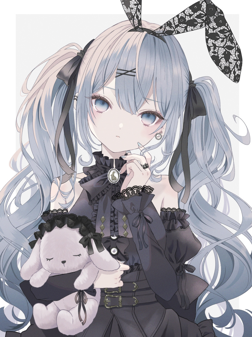 1girl absurdres animal_ears bare_shoulders black_ribbon blue_eyes blue_hair blue_nails detached_sleeves earrings expressionless fake_animal_ears gothic_lolita hair_ribbon hatsune_miku head_tilt highres hugging_doll hugging_object jewelry lolita_fashion looking_at_viewer paruno puffy_sleeves rabbit_ears ribbon simple_background solo stuffed_animal stuffed_toy twintails vocaloid