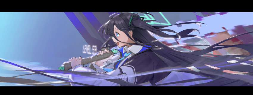 1girl absurdly_long_hair absurdres aris_(blue_archive) black_hair blue_archive blue_eyes blue_necktie collared_shirt from_side green_halo halo highres holding holding_sword holding_weapon jacket long_hair long_sleeves necktie open_mouth profile shirt shiyashiki smile solo sword upper_body very_long_hair weapon white_jacket white_shirt