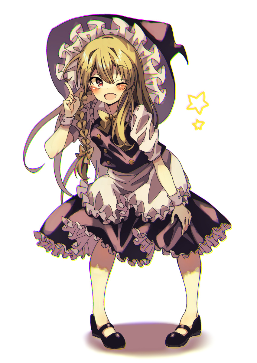 1girl ;d absurdres apron black_dress black_footwear black_headwear black_vest blonde_hair blush bow braid commentary_request dress fang frilled_dress frilled_shirt_collar frills full_body hair_between_eyes hand_up happy hat highres index_finger_raised kirisame_marisa leaning_forward long_hair looking_at_viewer mary_janes no_socks one_eye_closed open_mouth puffy_short_sleeves puffy_sleeves red_eyes seika_okawari shirt shoes short_sleeves simple_background single_braid smile solo standing star-shaped_pupils star_(symbol) symbol-shaped_pupils touhou vest waist_apron white_apron white_background white_shirt white_wrist_cuffs witch_hat yellow_bow