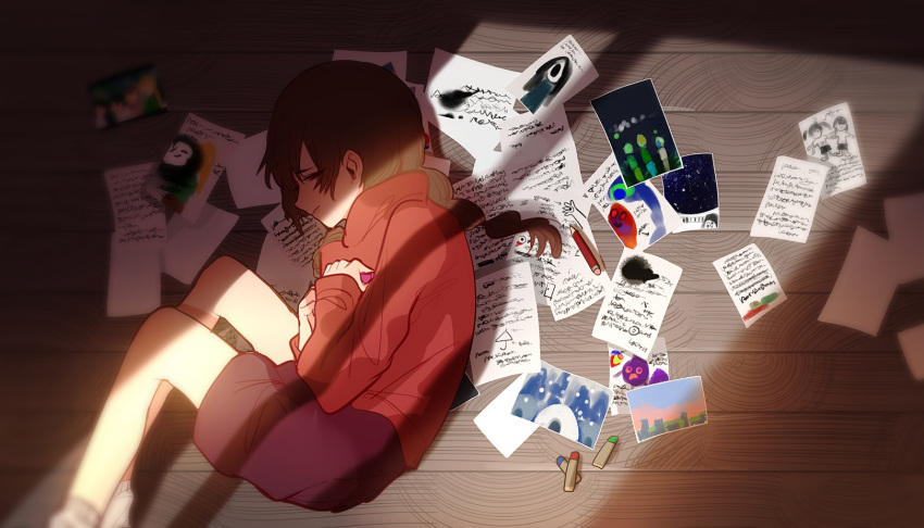 1girl character_request closed_mouth clutching_chest crack_of_light crayon drawing_(object) feet_out_of_frame fetal_position from_above frown highres holding kasei-san kyukkyu-kun long_sleeves lying madotsuki maussan_bros_(yume_nikki) medamaude monoe monoko on_floor on_side pencil photo_(object) poniko profile purple_skirt red_sweater sekomumasada_sensei skirt solo sweater turtleneck turtleneck_sweater uboa window_shade wooden_floor xgshjsgha yume_nikki