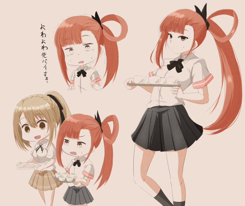 2girls asymmetrical_bangs asymmetrical_sidelocks black_bow black_ribbon black_skirt blonde_hair blunt_bangs bow bowtie braid breasts closed_mouth commentary_request crown_braid cup dress_shirt food frown hair_bow hair_rings hair_tie holding holding_tray koga_(nue_no_onmyouji) leaning_back lone_nape_hair long_hair looking_at_another looking_at_viewer looking_to_the_side maikeru1003 motion_lines multiple_girls neck_ribbon nue_no_onmyouji open_mouth orange_hair pink_background pleated_skirt ponytail ribbon school_uniform shirt short_sleeves side_ponytail sidelocks simple_background single_hair_ring skirt standing suo_kazusa sweat sweatdrop teacup tearing_up translation_request tray trembling variations walking white_shirt yellow_eyes yellow_skirt