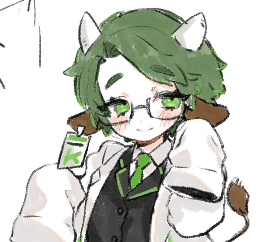 1boy animal_ears black_jacket blush closed_mouth coat collared_shirt cow_ears cow_horns cow_tail dongrang_(project_moon) glasses green_eyes green_hair green_necktie horns jacket limbus_company necktie project_moon shirt simple_background smile solo tail uchimura_(rino0525) upper_body white_background white_coat white_shirt