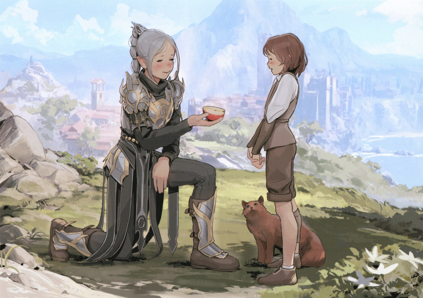 2girls absurdres animal apple apple_slice armor baldur's_gate baldur's_gate_3 boots braid braided_ponytail breastplate brown_footwear brown_hair cat child closed_eyes clouds cloudy_sky commentary day dungeons_and_dragons elf english_commentary facing_another flower food fruit full_body giving grass grey_hair highres holding holding_food holding_fruit light_blush long_hair luimiart multiple_girls on_one_knee open_mouth parted_bangs pointy_ears profile rock shadowheart_(baldur's_gate) shorts shoulder_armor sky smile