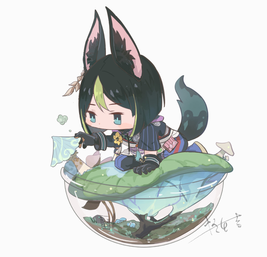 1boy all_fours animal_ear_fluff animal_ears asymmetrical_sleeves black_gloves black_hair black_pants blue_pants blush bowl brown_gloves chinese_commentary commentary_request drawstring earrings flower fox_boy fox_ears fox_tail fungi_(genshin_impact) genshin_impact gloves green_eyes green_hair guaishengyin hair_between_eyes hand_up highres hood hood_down hoodie jewelry long_sleeves male_focus medal multicolored_clothes multicolored_hair mushroom pants plant pouch short_hair short_sleeves sidelocks simple_background single_earring solo streaked_hair tail tassel tighnari_(genshin_impact) two-tone_gloves vision_(genshin_impact) white_background yellow_flower
