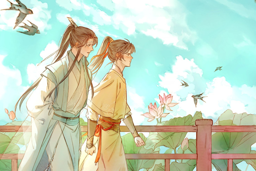 2boys arms_behind_back bird blue_sky blush braid brown_hair bud chinese_clothes clenched_hands closed_mouth clouds day facial_mark feet_out_of_frame fence flower forehead_mark from_side hair_ribbon hanfu headband high_ponytail jin_ling kkcoocool lan_sizhui long_hair long_sleeves looking_ahead looking_at_another modao_zushi multiple_boys nose_blush open_mouth red_ribbon ribbon robe rose side_braid sidelocks sky tassel walking white_flower white_headband white_rose wide_sleeves wooden_fence xiao_guan_(headdress) yellow_robe