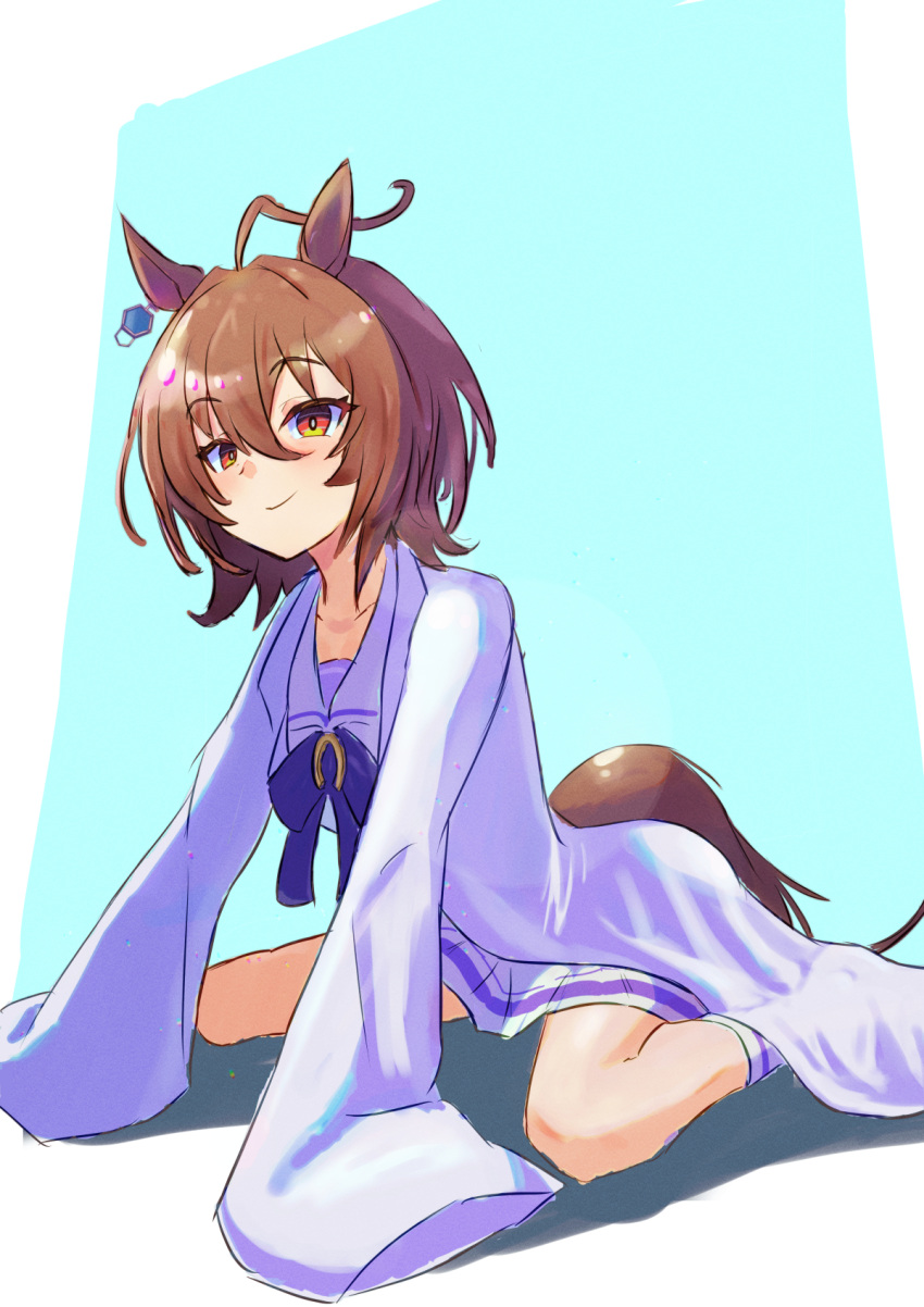 1girl agnes_tachyon_(umamusume) ahoge animal_ears border bow brown_hair chemical_structure coat commentary_request earrings hair_between_eyes harakomeshi highres horse_ears horse_girl horse_tail jewelry lab_coat light_blue_background long_sleeves messy_hair on_ground purple_bow purple_shirt red_eyes sailor_collar school_uniform shirt short_hair single_earring sitting skirt sleeves_past_fingers sleeves_past_wrists solo summer_uniform tail tracen_school_uniform umamusume wariza white_border white_coat white_skirt