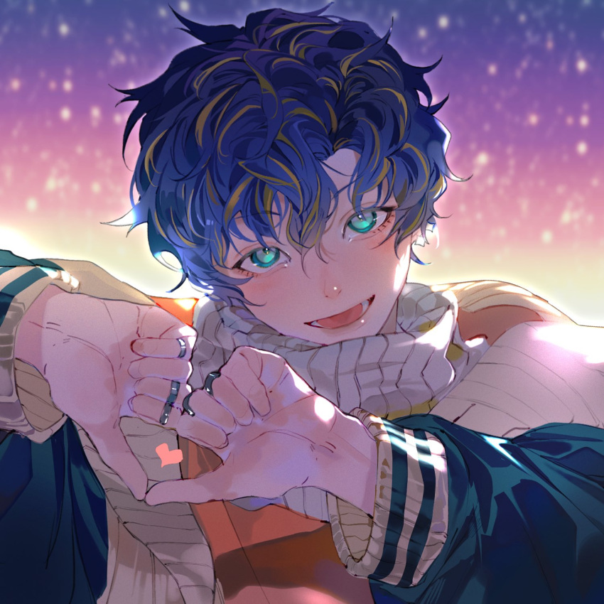 1boy aqua_eyes astel_leda blonde_hair blue_hair earrings hair_between_eyes heart heart_hands highres holostars holostars_english jacket jewelry letterman_jacket long_sleeves looking_at_viewer lower_teeth_only male_focus multicolored_hair multiple_rings official_alternate_costume open_clothes open_jacket open_mouth ribbed_sweater ring short_hair smile solo star_(sky) star_(symbol) star_earrings streaked_hair suda_(svdaaa) sweater teeth turtleneck turtleneck_sweater virtual_youtuber white_sweater