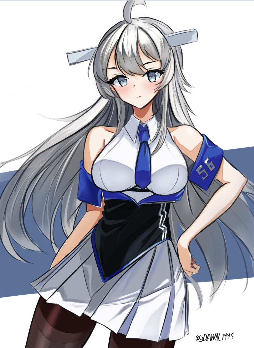 1girl ahoge bare_shoulders black_pantyhose blue_necktie breasts contrapposto cowboy_shot dawn_1945 grey_background grey_eyes headgear highres kantai_collection large_breasts long_hair looking_at_viewer necktie pantyhose pleated_skirt shirt simple_background skirt sleeveless sleeveless_shirt solo twitter_username two-tone_background washington_(kancolle) white_background white_shirt white_skirt