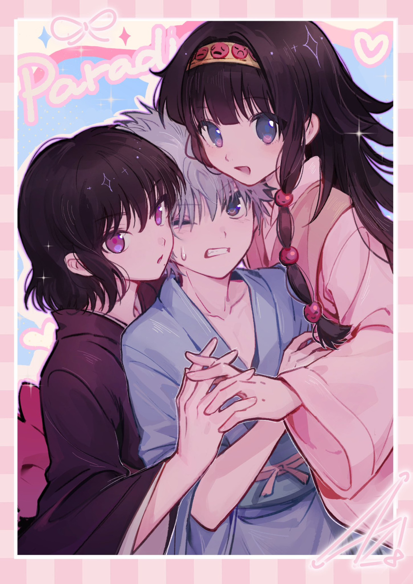 3boys alluka_zoldyck black_hair black_kimono blue_kimono border brothers clenched_teeth green_eyes hair_between_eyes hairband heart highres holding_hands hunter_x_hunter japanese_clothes kalluto_zoldyck kiko killua_zoldyck kimono long_hair looking_at_viewer male_focus multi-tied_hair multiple_boys obi one_eye_closed open_mouth otoko_no_ko pink_kimono sash siblings sparkle spiky_hair sweat teeth violet_eyes wide_sleeves