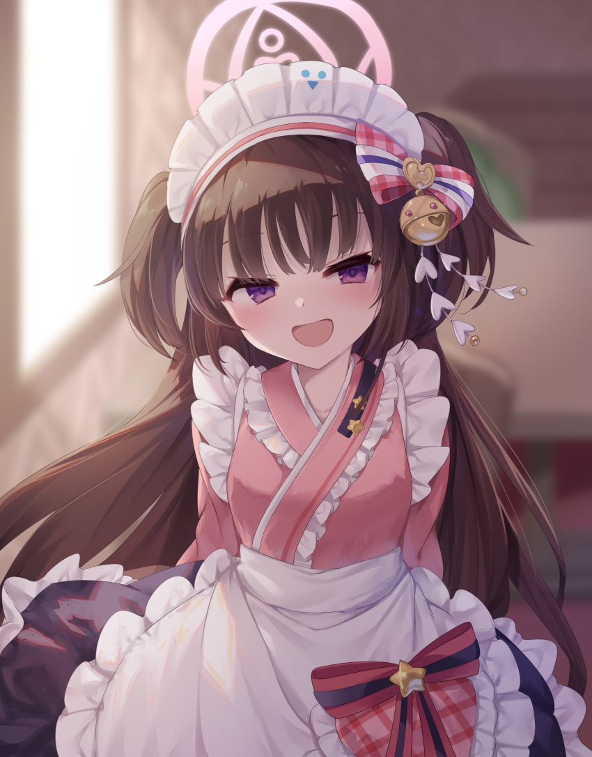 1girl apron bell black_skirt blue_archive bow brown_hair cropped_legs empty_eyes frilled_apron frilled_kimono frilled_skirt frilled_thighhighs frills hair_bell hair_bow hair_ornament halo hands_on_own_hips highres japanese_clothes jingle_bell kimono light_blush long_hair long_sleeves maid maid_headdress nnamizu open_mouth pink_bow pink_kimono raised_eyebrows shizuko_(blue_archive) short_kimono simple_background skirt solo thigh-highs two_side_up very_long_hair violet_eyes wa_maid waist_apron white_background white_thighhighs