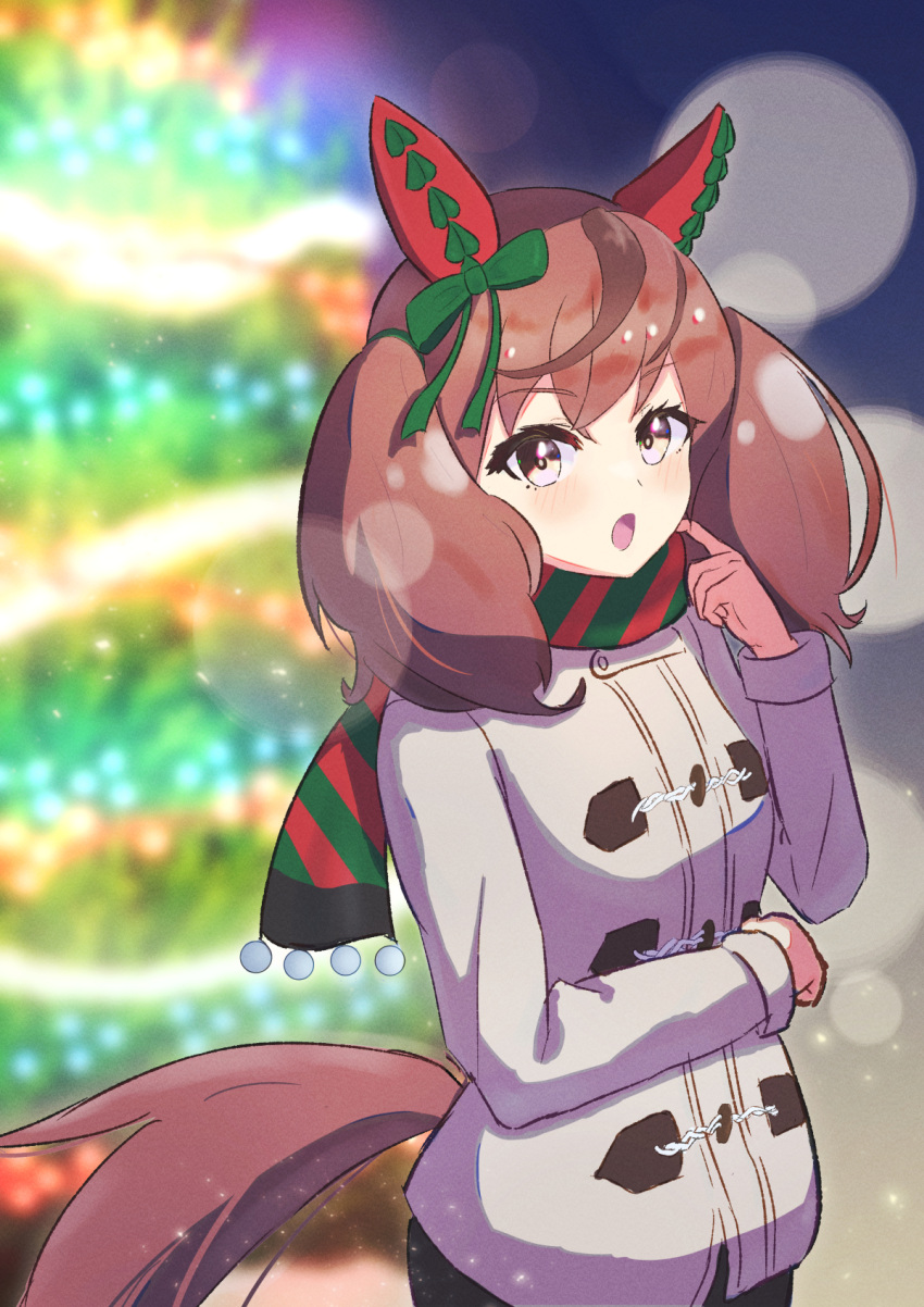 1girl alternate_costume animal_ears blurry blurry_background bow breasts christmas_tree coat commentary_request ear_bow ear_covers green_bow green_scarf harakomeshi highres horse_ears horse_girl horse_tail lens_flare long_sleeves looking_at_viewer medium_breasts medium_hair multicolored_hair nice_nature_(umamusume) open_mouth outdoors pom_pom_(clothes) red_scarf redhead scarf smile solo streaked_hair striped striped_scarf tail twintails umamusume white_coat winter_clothes winter_coat