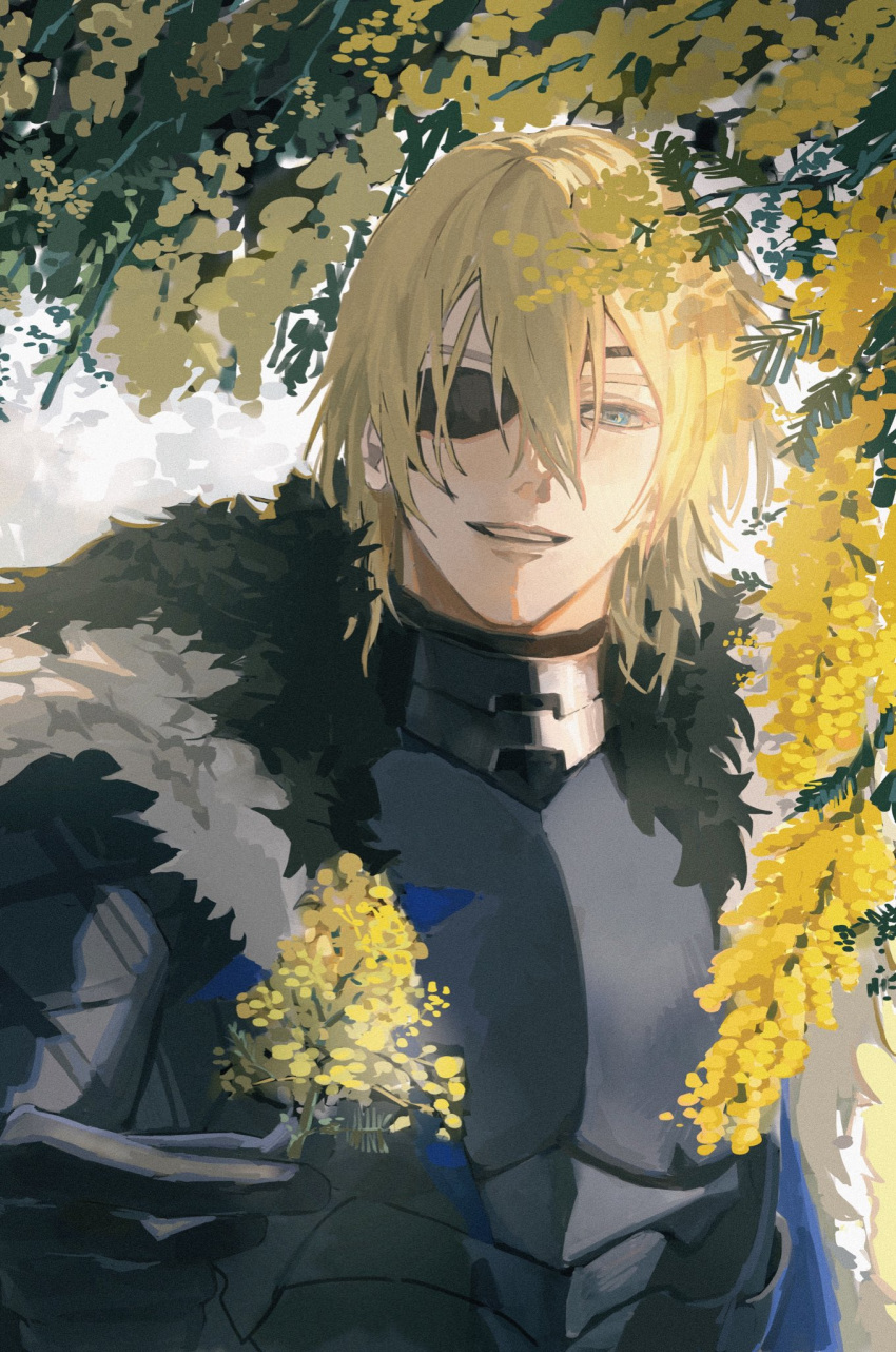 1boy armor blonde_hair blue_eyes branch breastplate cape dimitri_alexandre_blaiddyd eyepatch fire_emblem fire_emblem:_three_houses flower fur_cape gauntlets highres holding holding_flower looking_at_viewer male_focus medium_hair one_eye_covered osaki_iyo parted_lips plant smile solo upper_body yellow_flower