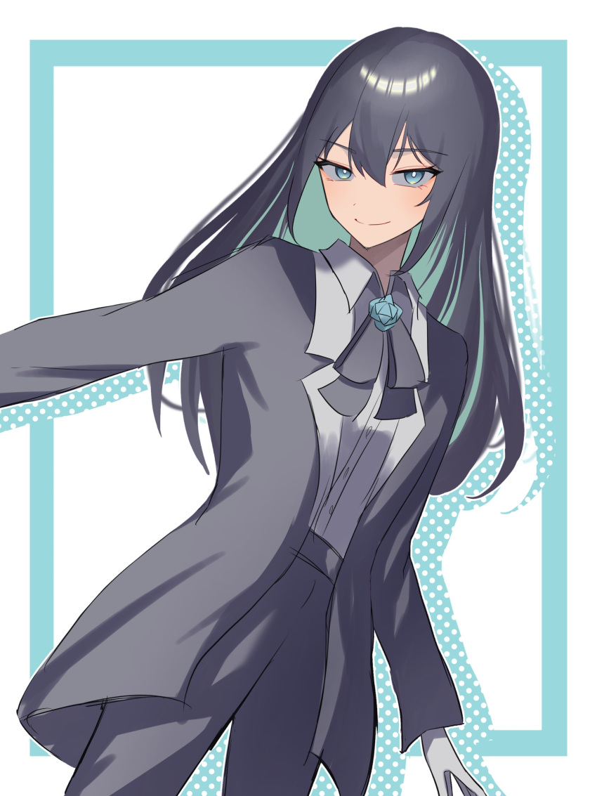 1girl absurdres ado_(utaite) black_bow black_bowtie black_coat black_hair black_pants blue_eyes blue_flower blue_hair blue_rose border bow bowtie chando_(ado) closed_mouth cloud_nine_inc coat collared_shirt commentary dress_shirt drop_shadow flower flower_brooch gloves grey_shirt hair_between_eyes highres long_hair long_sleeves looking_at_viewer multicolored_hair open_clothes open_coat pants rose shirt sidelocks solo tsukuno_tsuki two-tone_hair utaite white_background white_border white_gloves