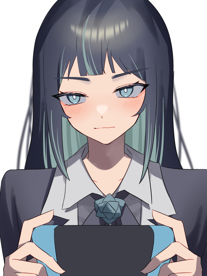 1girl absurdres ado_(utaite) black_bow black_bowtie black_hair blue_eyes blue_flower blue_hair blue_rose blush bow bowtie chando_(ado) closed_mouth cloud_nine_inc collarbone collared_shirt colored_inner_hair commentary_request flower flower_brooch handheld_game_console highres holding holding_handheld_game_console long_hair mole mole_under_eye multicolored_hair nintendo_switch rose shirt sidelocks simple_background solo streaked_hair tsukuno_tsuki two-tone_hair upper_body utaite white_background