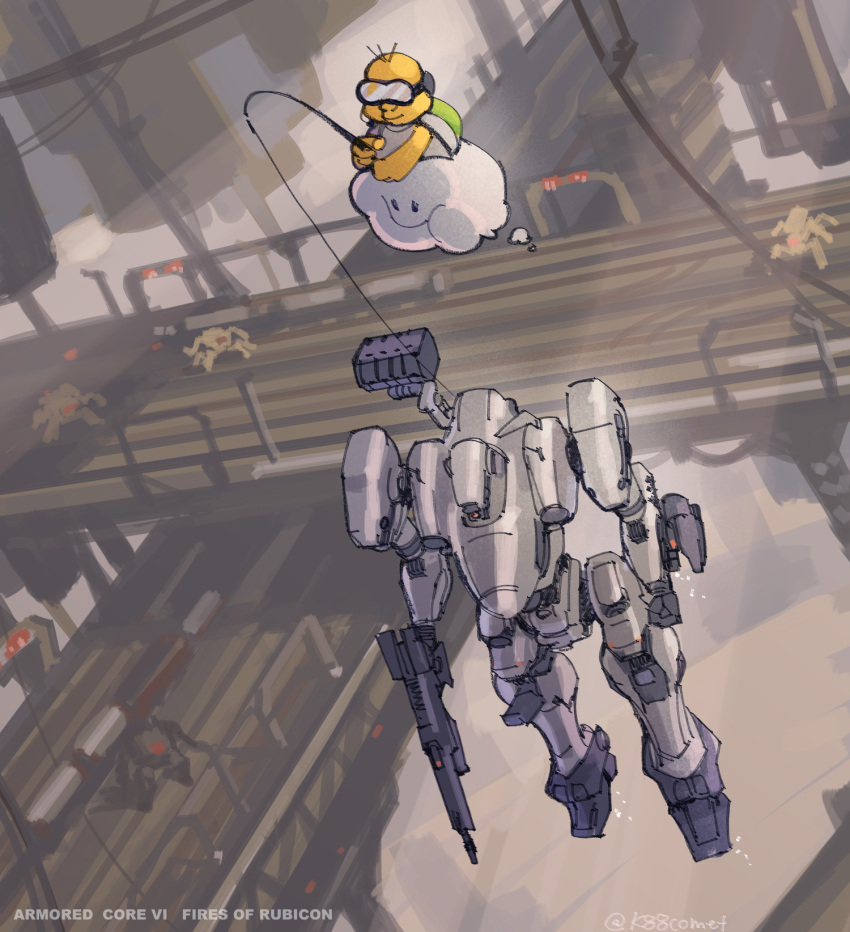 1boy armored_core armored_core_6 closed_mouth copyright_name crossover fishing_rod full_body goggles gun hideki_kaneda highres holding holding_fishing_rod holding_gun holding_weapon lakitu loader_4 mario_kart mecha missile_pod one-eyed outdoors robot science_fiction smile super_mario_bros. weapon