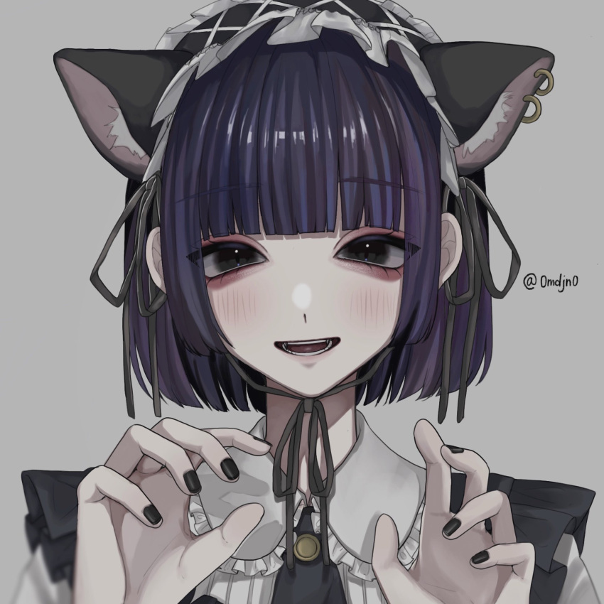 0mdjn0 1girl aegyo_sal animal_ears black_eyes blush cat_ears chin_strap eyeshadow fake_animal_ears fangs frilled_shirt_collar frills hairband highres lolita_hairband makeup nail_polish open_mouth original purple_hair short_hair solo upper_body