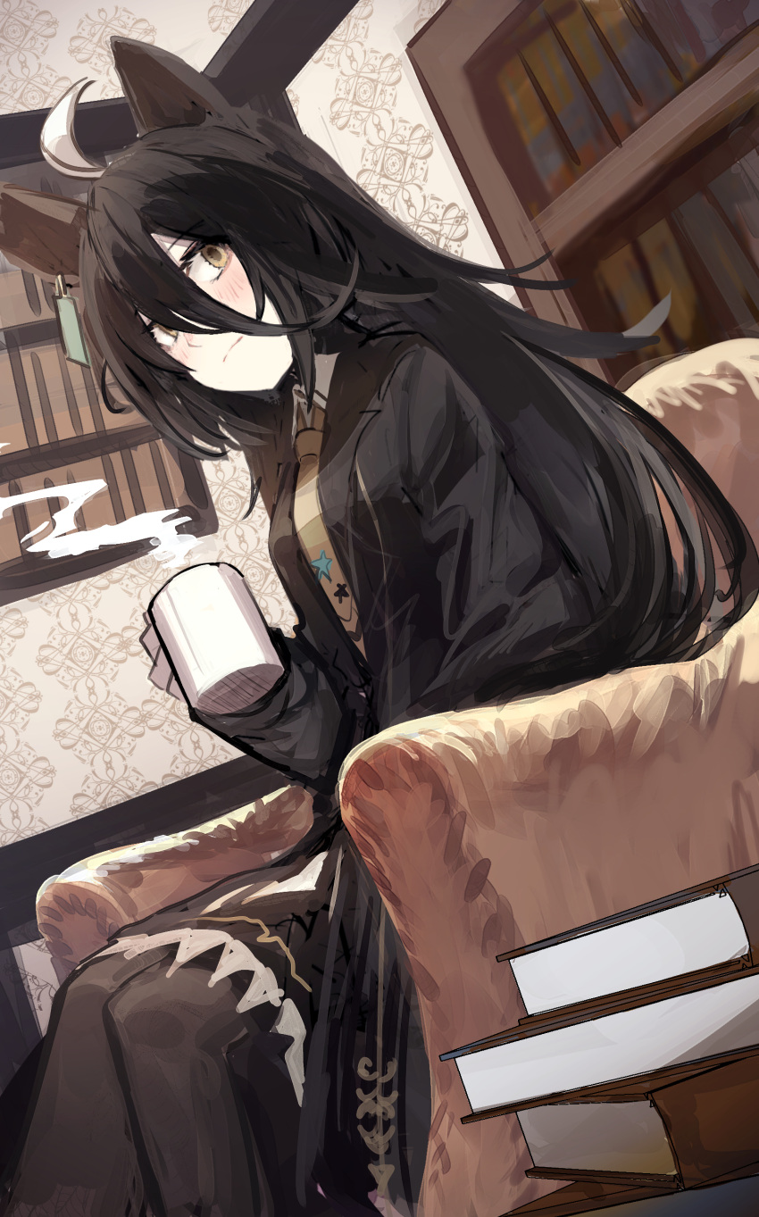1girl absurdres ahoge animal_ears black_hair black_jacket black_pantyhose black_shirt black_skirt book book_stack bookshelf closed_mouth coffee_mug collared_shirt commentary_request cup earrings hair_between_eyes highres holding holding_cup horse_ears horse_girl indoors jacket jewelry long_sleeves looking_at_viewer manhattan_cafe_(umamusume) mug multicolored_hair necktie open_clothes open_jacket pantyhose shirt siena_(moratoriummaga) single_earring sitting skirt smile solo streaked_hair umamusume white_hair yellow_eyes yellow_necktie