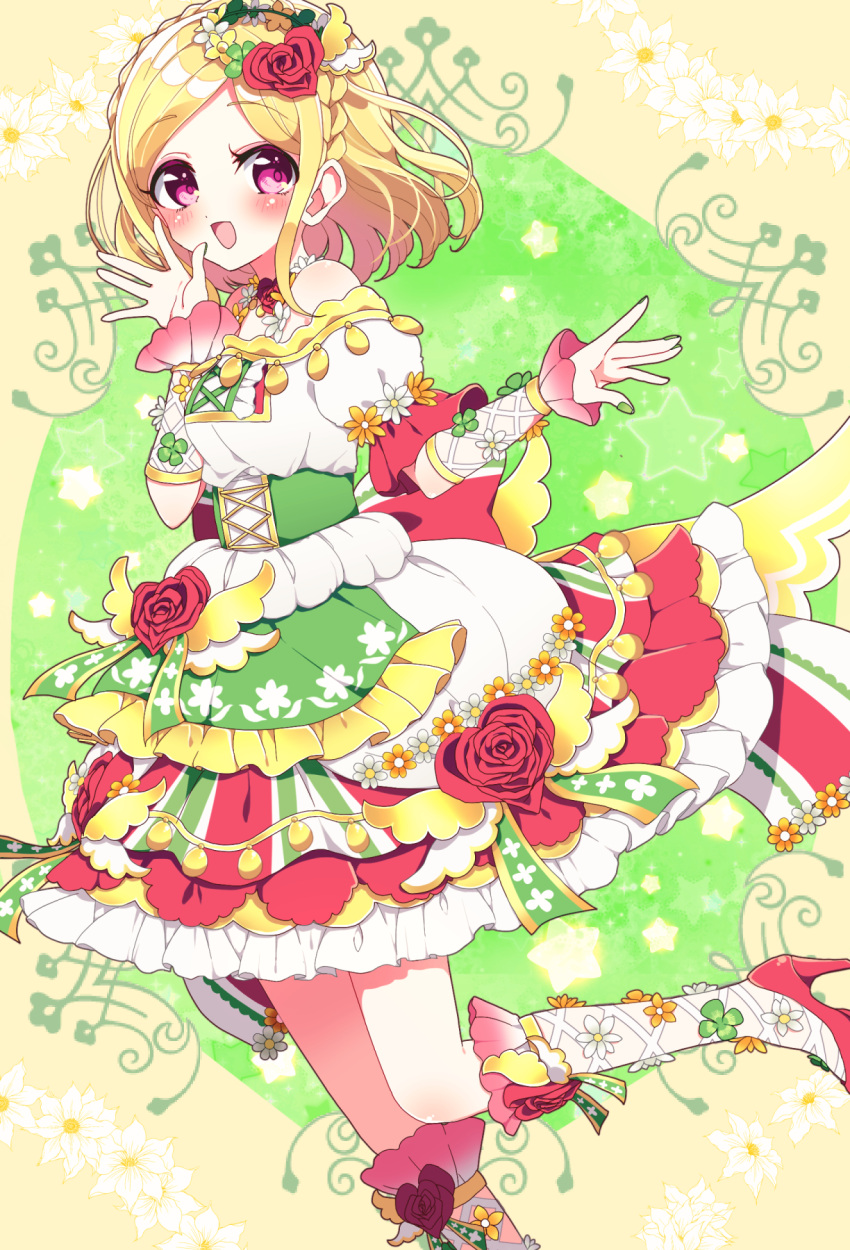 1girl :d bare_shoulders blonde_hair blush braid clover commentary_request corset crown_braid dress floral_print flower foot_out_of_frame four-leaf_clover frilled_dress frills green_nails hair_flower hair_ornament hand_up high_heels highres long_hair looking_at_viewer marueri midorikaze_fuwari multicolored_clothes multicolored_dress nail_polish off-shoulder_dress off_shoulder open_mouth orange_flower pink_eyes pretty_series pripara puffy_short_sleeves puffy_sleeves red_flower red_footwear red_rose rose short_sleeves smile solo standing standing_on_one_leg white_flower