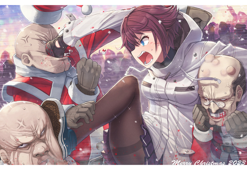 1girl 3boys anger_vein angry black_pantyhose blood blood_from_mouth blue_eyes blush bruise christmas_girl_(itou) commentary commentary_request crowd face_punch fighting glasses gloves hat highres hood hoodie in_the_face injury itou_(onsoku_tassha) jacket multiple_boys pantyhose pleated_skirt punching santa_claus santa_costume santa_hat shouting skirt white_hoodie
