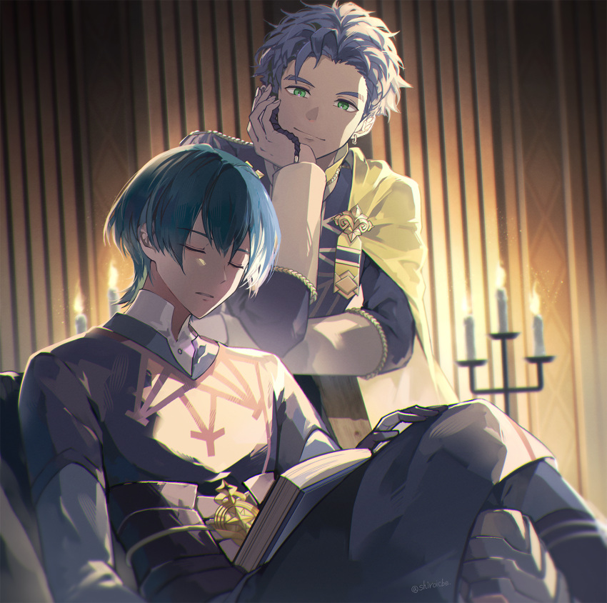 2boys black_gloves black_hair black_jacket black_pants blue_hair book braid byleth_(fire_emblem) candle cape claude_von_riegan closed_eyes closed_mouth collared_shirt cowboy_shot earrings fire_emblem fire_emblem:_three_houses garreg_mach_monastery_uniform gloves green_eyes head_rest highres indoors jacket jewelry long_sleeves looking_at_another male_focus multiple_boys pants shiroi_(shiroicbe) shirt short_hair single_braid single_earring sitting sleeping smile twitter_username yellow_cape