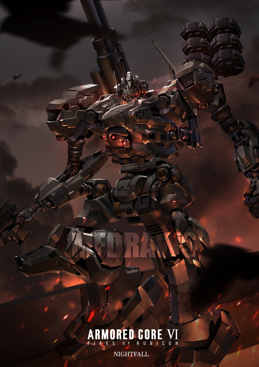 absurdres armored_core armored_core_6 artist_name bird brayanong999 character_name clouds cloudy_sky copyright_name embers full_body glowing glowing_eye grey_sky gun highres holding holding_gun holding_weapon looking_at_viewer mecha_focus missile_pod nightfall_(armored_core_6) no_humans red_eyes robot science_fiction shoulder_cannon sky smoke standing weapon