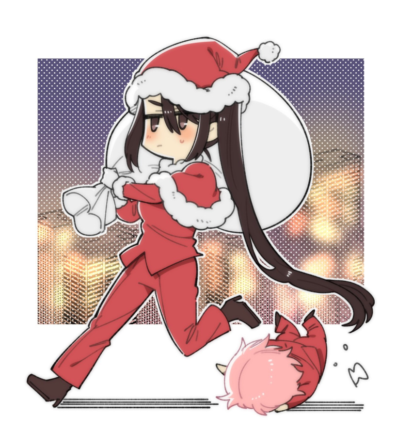 1girl 2girls black_hair boots brown_eyes christmas closed_mouth female_admiral_(kancolle) gloves hat higaragi high_heel_boots high_heels highres holding holding_sack kantai_collection long_hair long_sleeves multiple_girls nachi_(kancolle) pants pink_hair red_pants sack santa_costume santa_hat side_ponytail sweat very_long_hair white_gloves