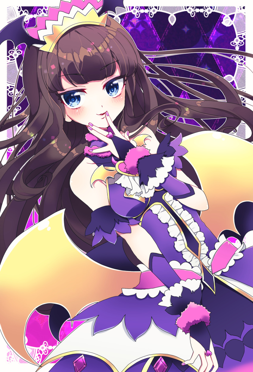 1girl bare_shoulders bat_wings blue_eyes blunt_bangs blush brown_hair center_frills commentary_request crown dress frilled_dress frills hand_to_own_mouth hand_up highres jewelry kurosu_aroma long_hair looking_at_viewer marueri nail_polish open_mouth pink_nails pretty_series pripara purple_background purple_dress ring smile solo very_long_hair wing_hair_ornament wings