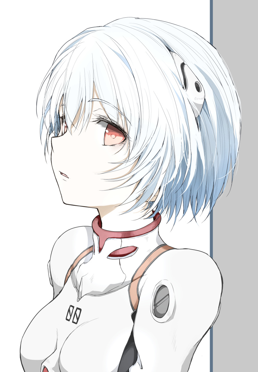 1girl absurdres ayanami_rei blue_hair bodysuit breasts from_side highres interface_headset light_blue_hair looking_at_viewer neon_genesis_evangelion parted_lips pilot_suit plugsuit red_eyes shimoda_masaya short_hair small_breasts solo upper_body white_background white_bodysuit
