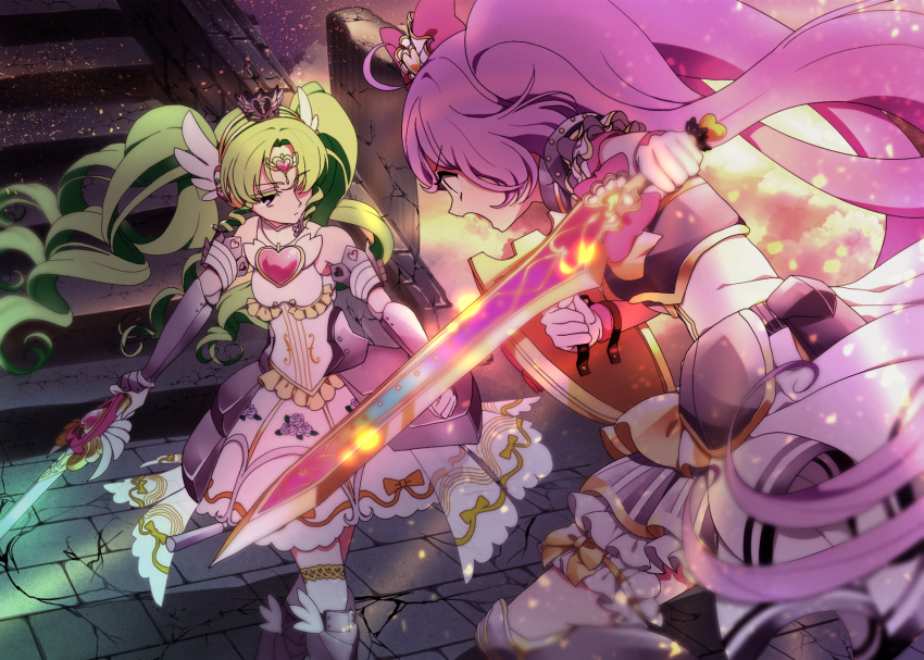 2girls ahoge armor armored_boots armored_dress boots bow commentary_request dress falulu fighting forehead_jewel gloves green_hair grey_eyes hair_bow headphones heart highres holding holding_sword holding_weapon idol_clothes long_hair looking_at_another manaka_laala marueri multiple_girls outdoors parted_bangs pink_bow pretty_series pripara purple_hair serious sidelocks stairs standing stone_floor sword twintails very_long_hair walking weapon white_dress white_gloves wind wing_hair_ornament
