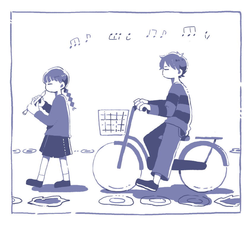 1boy 1girl bicycle bicycle_basket border braid closed_eyes crossover expressionless facing_ahead from_side full_body highres holding holding_instrument holding_recorder instrument jack-o'_ran-tan long_hair long_sleeves madotsuki mochi_(fayo) monochrome music napoli_no_otokotachi no_mouth pants playing_instrument pleated_skirt profile purple_theme riding riding_bicycle shirt shoes simple_background skirt striped striped_shirt white_background yume_nikki